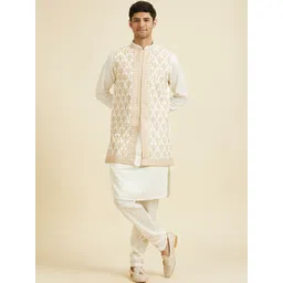 Manyavar Men Floral Embroidered Mandarin Collar Art Silk Kurta With Churidar & Jacket-image-6