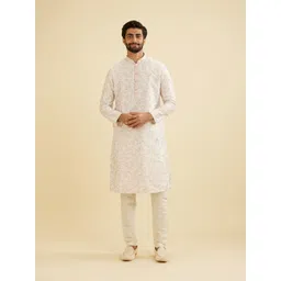Manyavar Men Floral Printed Mandarin Collar Art Silk Kurta With Pyjamas-image-2