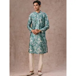 Manyavar Men Floral Printed Regular Kurta And Pyjamas With Jacket-image-14
