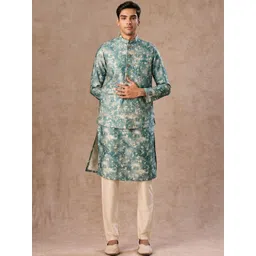 Manyavar Men Floral Printed Regular Kurta And Trousers With Jacket-image-18