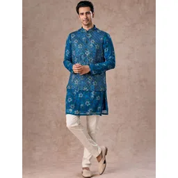 Manyavar Men Floral Printed Regular Mirror Work Kurta And Trousers With Jacket-image-45