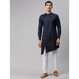 Manyavar Men Navy Blue & Pink Printed Straight Kurta-picture-37
