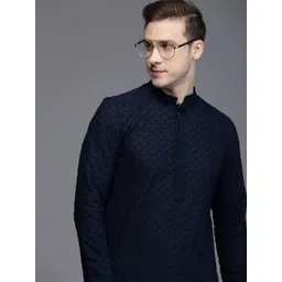 Manyavar Men Navy Blue & White Embroidered Kurta with Churidar-picture-32