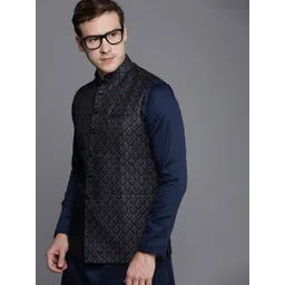 Manyavar Men Navy Blue Art Silk Printed Nehru Jacket-image-36