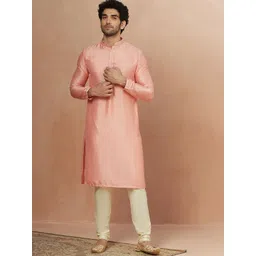 Manyavar Men Peach-Coloured Solid Art Silk Kurta with Churidar-image-40