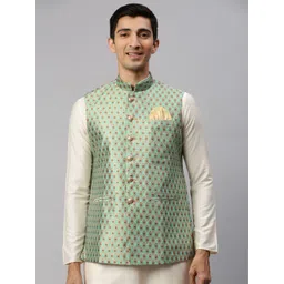 Manyavar Men Sea Green & Gold-Toned Woven Design Nehru Jacket-picture-19