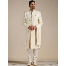 Manyavar Men Self-Design Art Silk Full Sleeves Sherwani Set-image-17