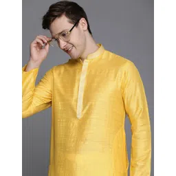 Manyavar Men Yellow Self Design Regular Thread Work Art Silk Kurta with Churidar-image-43