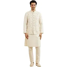 manyavar Men's Art Silk Floral Embroidery Kurta Jacket Set (3pcs)-picture-10