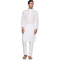 manyavar Men's White Cotton Solid Kurta Pyjama Set (2pcs)-picture-36