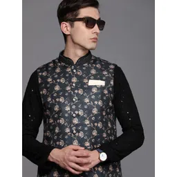 Manyavar Navy Blue Floral Printed Nehru Jacket-picture-37