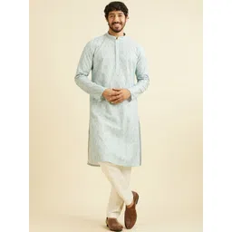 Manyavar Paisley Embroidered Chikankari Mandarin Collar Straight Kurta With Pyjama-picture-36