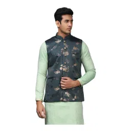 Manyavar Teal Green Regular Fit Floral Print Nehru Jacket-picture-48