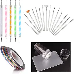 MAPPERZ 15 Pieces Nail Art Brush Set for Detailing, Striping, Blending, 10 Rolls Self Adhesive Nail Striping Tape Line, 5 pc 2 Way Dotting Pen Tool For Nail Art, 1 Nail Art Clear Silicone Stamper-picture-25