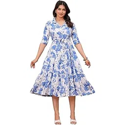 maquien Women's Rayon Printed Flared Dress(DR194Blue)-picture-24