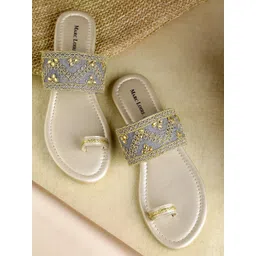 Marc Loire Women Grey & Gold-Toned Embellished One Toe Flats-picture-19