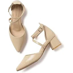 marc loire Women's PU Leather Pointed Toe Pumps with Block Heel | Formal Party Shoes with Ankle Loop & Buckle Closure-picture-13