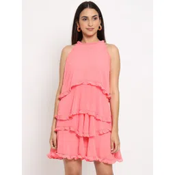 MARC LOUIS Peach-Coloured Halter Neck Layered Georgette A-Line Dress-picture-7