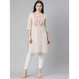 Marcia Women Beige Floral Yoke Design Thread Work Kurta-picture-14