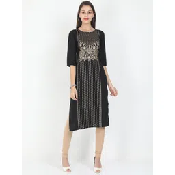 Marcia Women Black & Gold-Toned Floral Keyhole Neck Thread Work Kurta-picture-20