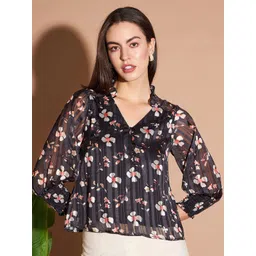 Marie Claire Black & Red Floral Printed Mandarin Collar Top-picture-19