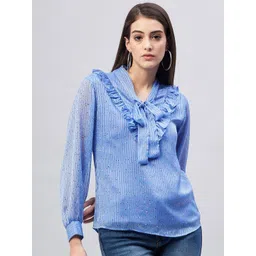 Marie Claire Blue Striped Tie-Up Neck Ruffles Chiffon Top-picture-27