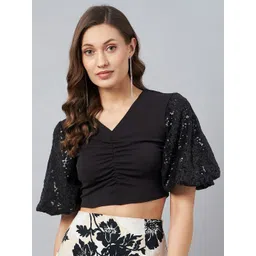 Marie Claire V-Neck Sequined Puff Sleeves Cotton Crop Top-picture-38