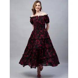 marie claire Women Fit and Flare Black, Pink Maxi/Full Length Dress-picture-15