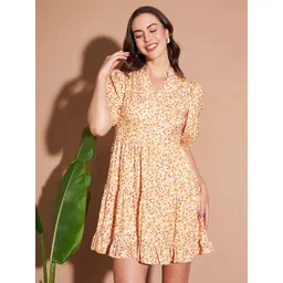 Marie Claire Yellow & White Floral Printed Puff Sleeves Fit & Flare Dress-picture-12