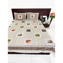 Marika Beige & Green Geometric 220 TC King Bedsheet with 2 Pillow Covers-picture-25