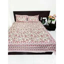 Marika Beige & Pink Floral 260 TC King Bedsheet with 2 Pillow Covers-picture-29