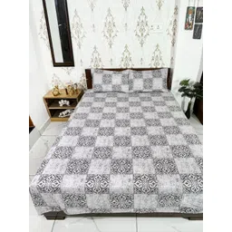 Marika Grey & White Geometric Printed Cotton 200 TC King Bedsheet Set 2.74 m x 2.74 m-picture-34