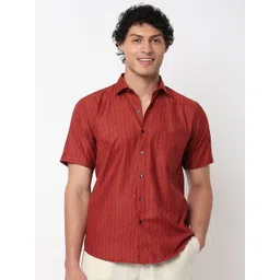 MARK & ALBERT Slim Fit Vertical Stripes Wrinkle Free Cotton Linen Causal Shirt-picture-33