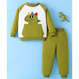 Mark & Mia Cotton Full Raglan Sleeves Winter Wear T-Shirt & Joggers Set With Dino Applique - Green & White-picture-22