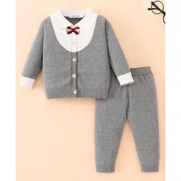 Mark & Mia Cotton Full Sleeves Front Open Baby Sweater Set with Bow Applique - Grey & White-picture-24