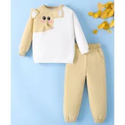 Mark & Mia Cotton Full Sleeves Winter Wear T-Shirt & Lounge Pant Set With Elephant Applique & Print - Khaki-picture-12