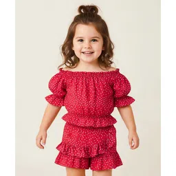 Mark & Mia Cotton Knit Half Sleeves Co-Ord Top & Skirt Sets With Polka Dots & Frill Detailing - Red-picture-24