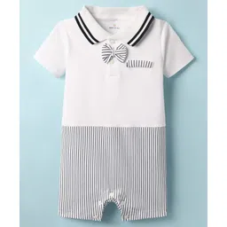 Mark & Mia Cotton Knit Half Sleeves Collared Romper with Bow Applique & Stripes - White-picture-30