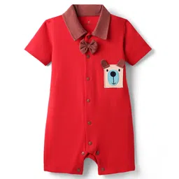 Mark & Mia Cotton Knit Half Sleeves Front Open Romper with Bow Applique & Patch Detailing - Red-picture-31