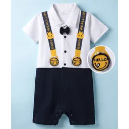 Mark & Mia Cotton Knit Half Sleeves Romper with Suspender & Bow Applique - White & Navy Blue-picture-15