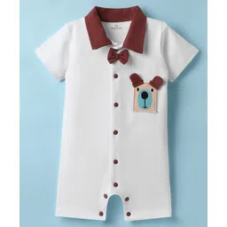 Mark & Mia Cotton Knit Half Sleeves Rompers with Bow Applique & Bear Patch - White-picture-15