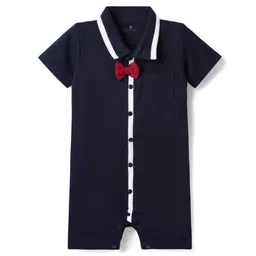 Mark & Mia Cotton Knit Half Sleeves Solid Color Front Open Romper with Bow Applique - Navy Blue-picture-27