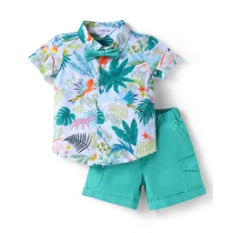 Mark & Mia Cotton Knit Half Sleeves T-Shirt & Shorts Set with Bow & Jungle Theme Print - Turquoise-picture-34