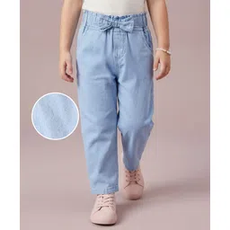 Mark & Mia Cotton Lycra Full LengthPaper Bag Waist Jeans with Bow Applique - Light Blue-picture-17