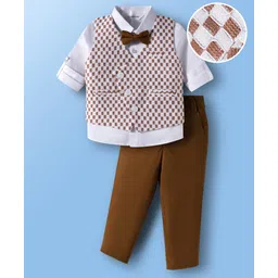 Mark & Mia Cotton Woven Full Sleeves Checks 3 Piece Party Suit With Bow - Brown & White-picture-20