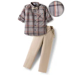 Mark & Mia Cotton Woven Full Sleeves Checks Party Shirt & Trouser With Bow & Suspender - Grey & Beige-picture-18