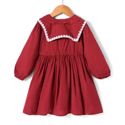 Mark & Mia Cotton Woven Full Sleeves Dress with Lace & Collar Detailing - Dark Red image 3