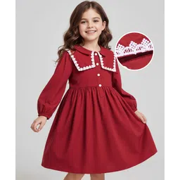 Mark & Mia Cotton Woven Full Sleeves Dress with Lace & Collar Detailing - Red-picture-13