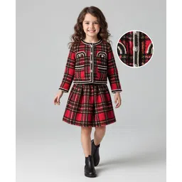 Mark & Mia Cotton Woven Full Sleeves Front Open Top & Skirt With Checks Design - Red-picture-25
