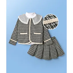 Mark & Mia Cotton Woven Full Sleeves Party Wear Peter Pan Collared Top & Skirt With Checks Design - Black-picture-11